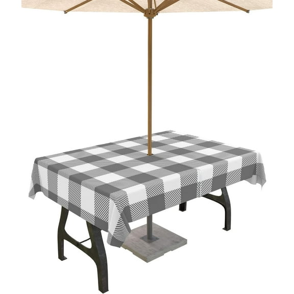 Gray Check Plaid Outdoor Tablecloth with Umbrella Hole and Zipper, Spillproof Table Cloth for Rectangle Tables, Dinner/Picnic/Patio/Party Table Cover, Geometric Grey White