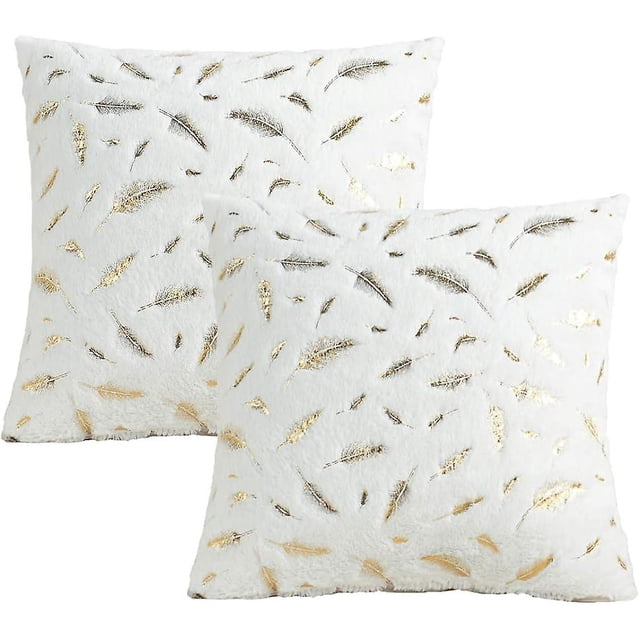Feather Plush Pillow Cover, Gold Furry Pillow Cover for Sofa, Couch, Bed, Office, Decor, 40x40cm, Set of 2