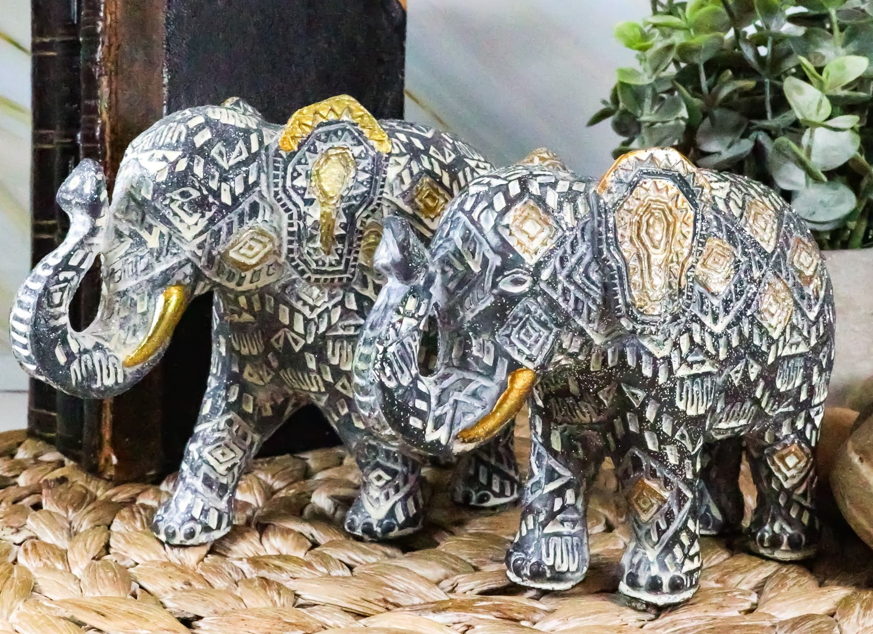 EVERSPRING Elephant Carved Wood Look Figurine Resin 10.25 Inch Long