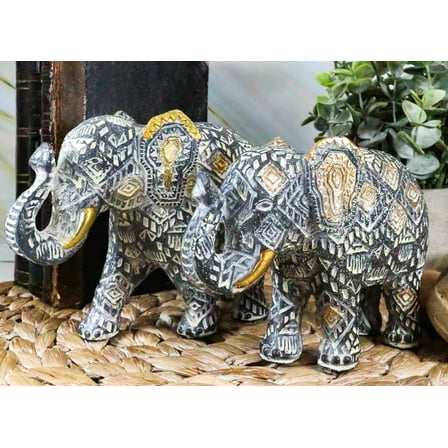 Silver And Gold Patterned Feng Shui Elephant Mother And Baby Statue 2 Pcs Set