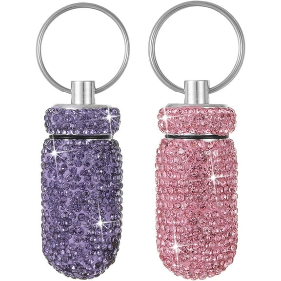 Bling Pill Case Portable Travel Pill Container Bottle Rhinestone Waterproof Small Pill Holder with Keychain Cute Mini Pill Storage Box for Outdoor Camping (Pink Purple)