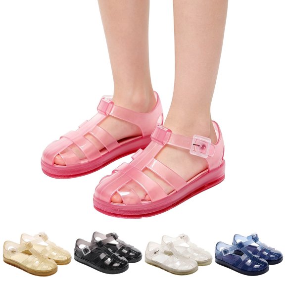 Vornjynx Girls Jelly Sandals Hollow Out Closed Toe Hook & Loop Breathable Beach Flat Shoes Pink Size 1 Little Kid