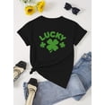 thumbnail image 2 of Lucky" Clover Print Casual T-Shirt for St. Patrick's Day - Soft Polyester, Round Neck, Short Sleeve, Machine Washable, Pink with Green Four-Leaf Clover Design, Ideal for Spring & Summer Festivities, 2 of 7