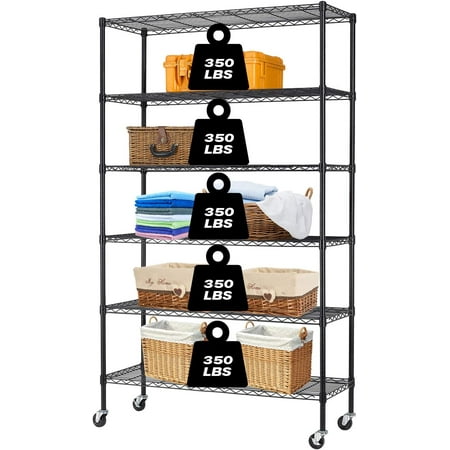 

CHIE 6-Tier Storage Shelf Heavy Duty Wire Shelving Unit 82 x48 x18 Height Adjustable Metal Steel Wire with Casters for Restaurant Garage Pantry Kitchen Rack (Black)
