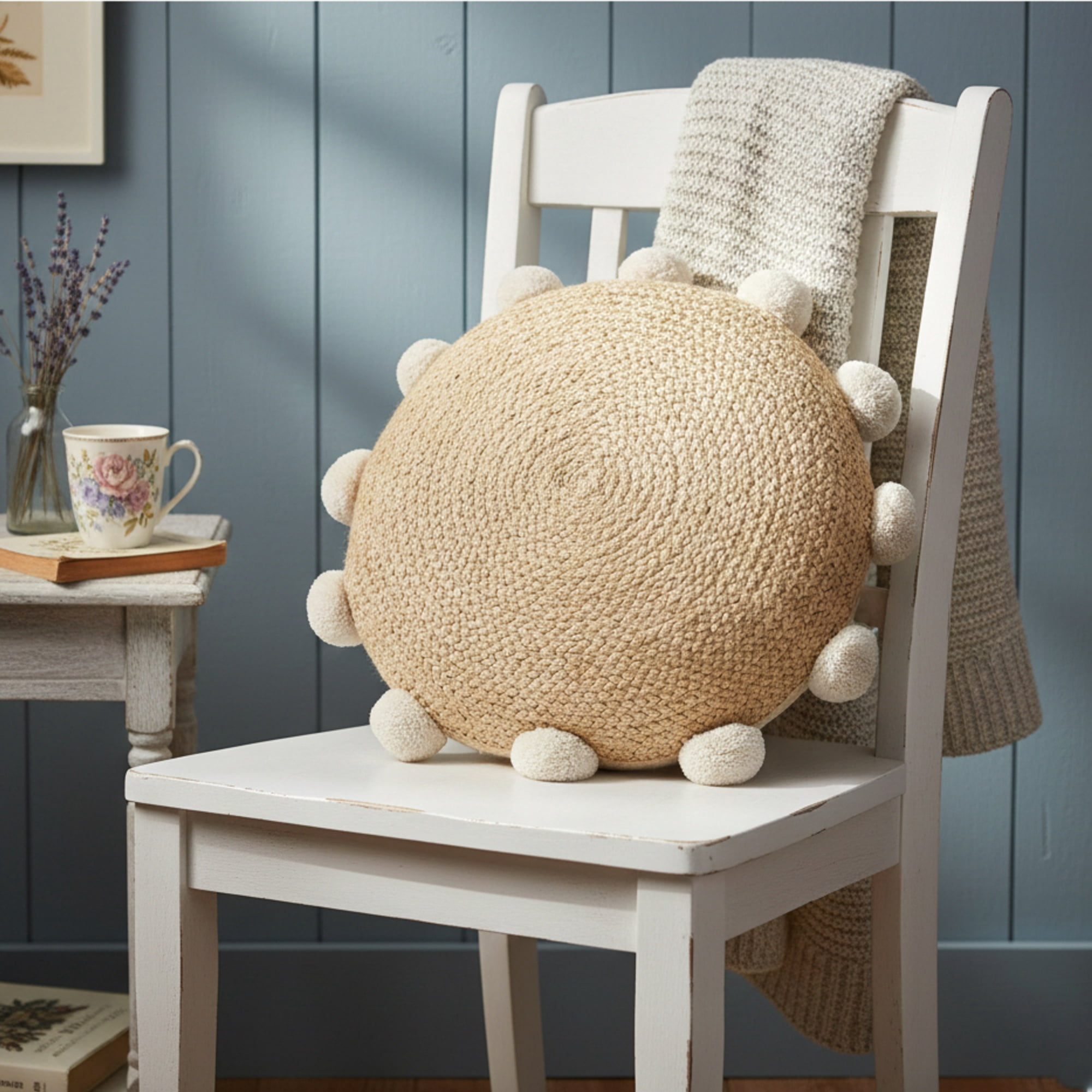 Ox Bay Quade 20" x 20" Natural Solid Jute Pom Pom Bordered Round Adult Decorative Throw Pillow Cover
