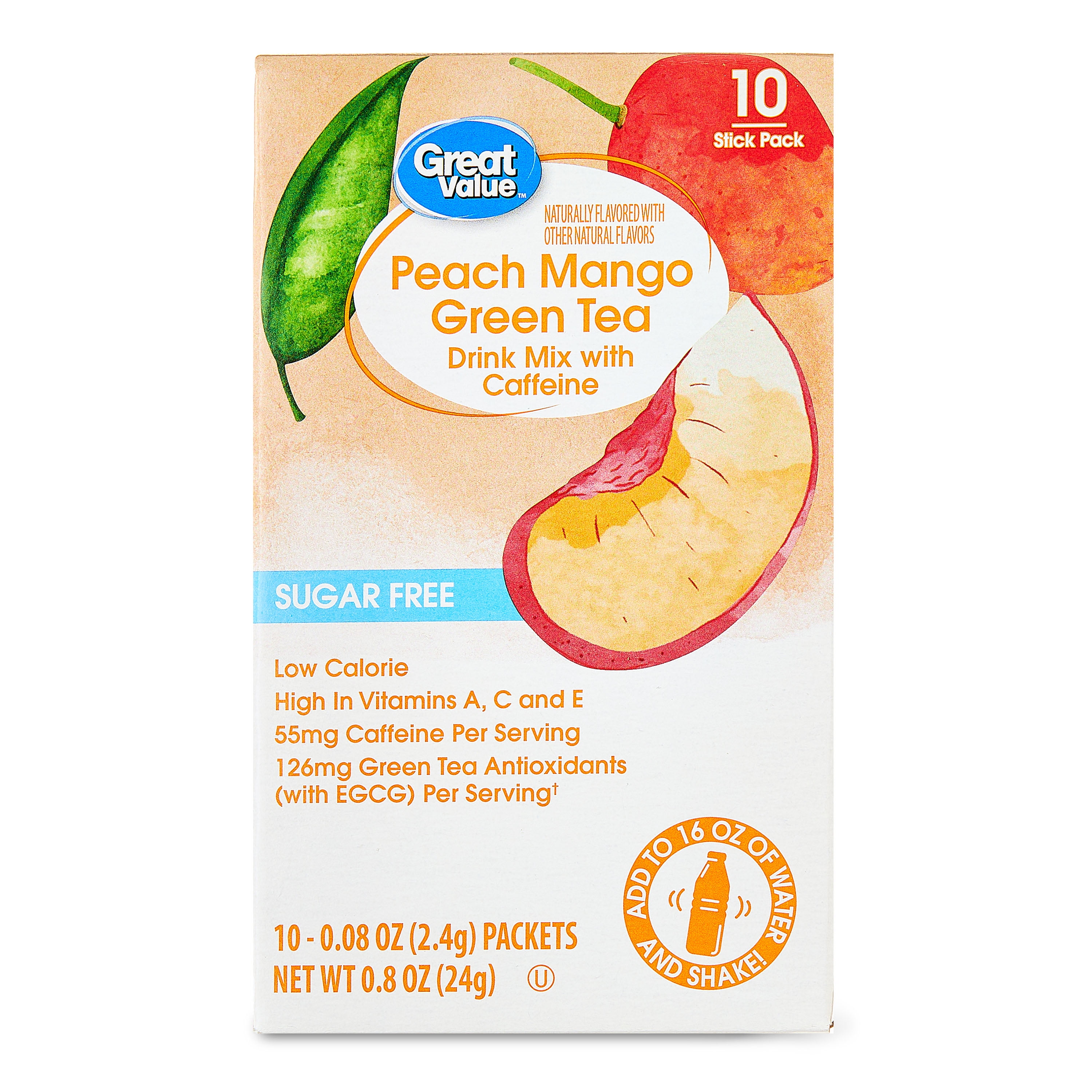 (12 pack) Great Value Sugar-Free Peach Mango Green Tea Powdered Drink Mix, 0.08 oz, 10 Count