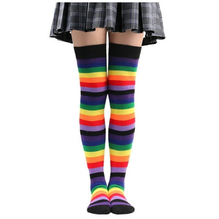 

wendunide Women s Stockings Cotton High-Tube Lengthened Knee-Length Beautiful Leg Socks Colorful Striped Socks Black
