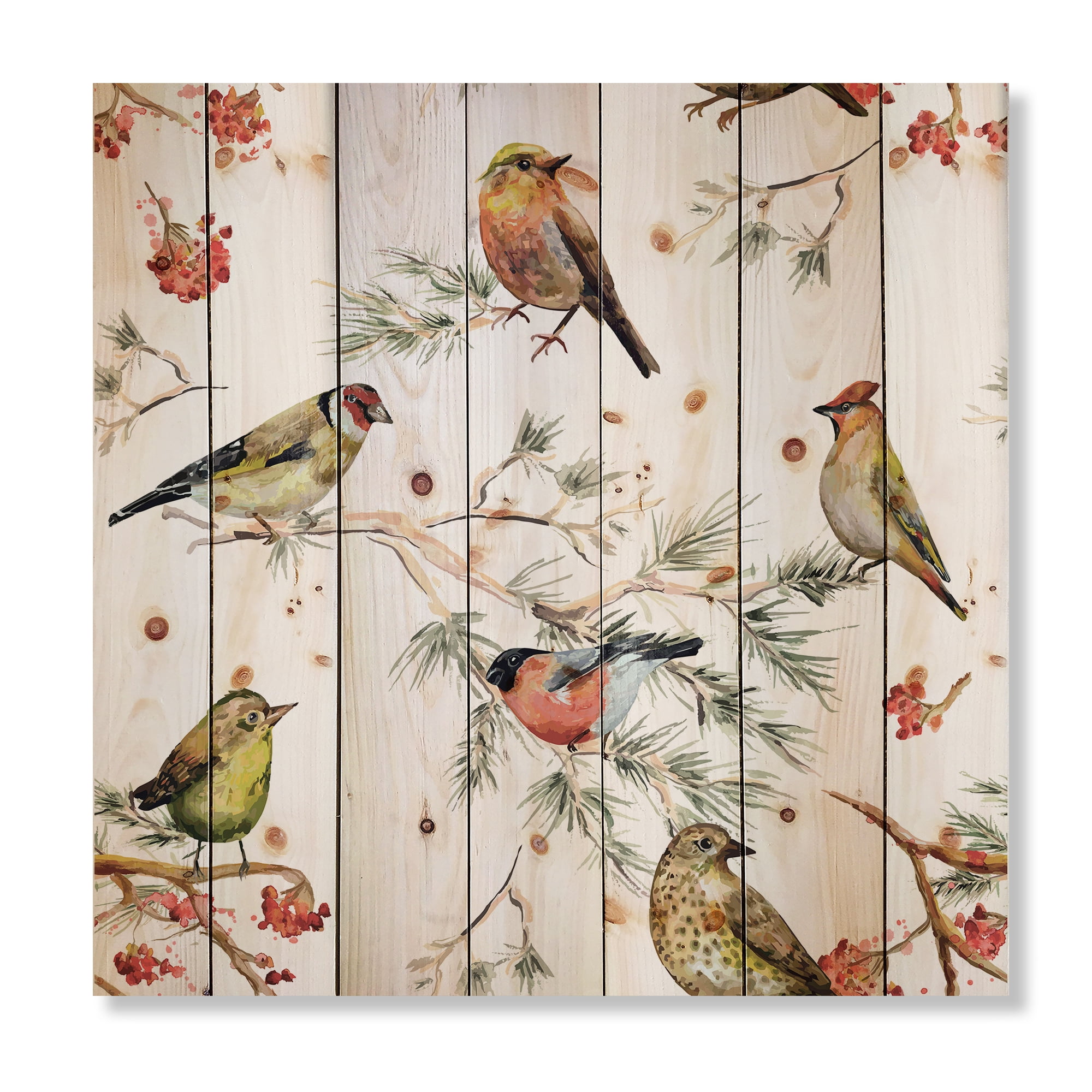 Designart 'Forest Birds Sitting On Branches' Traditional Print on Natural Pine Wood