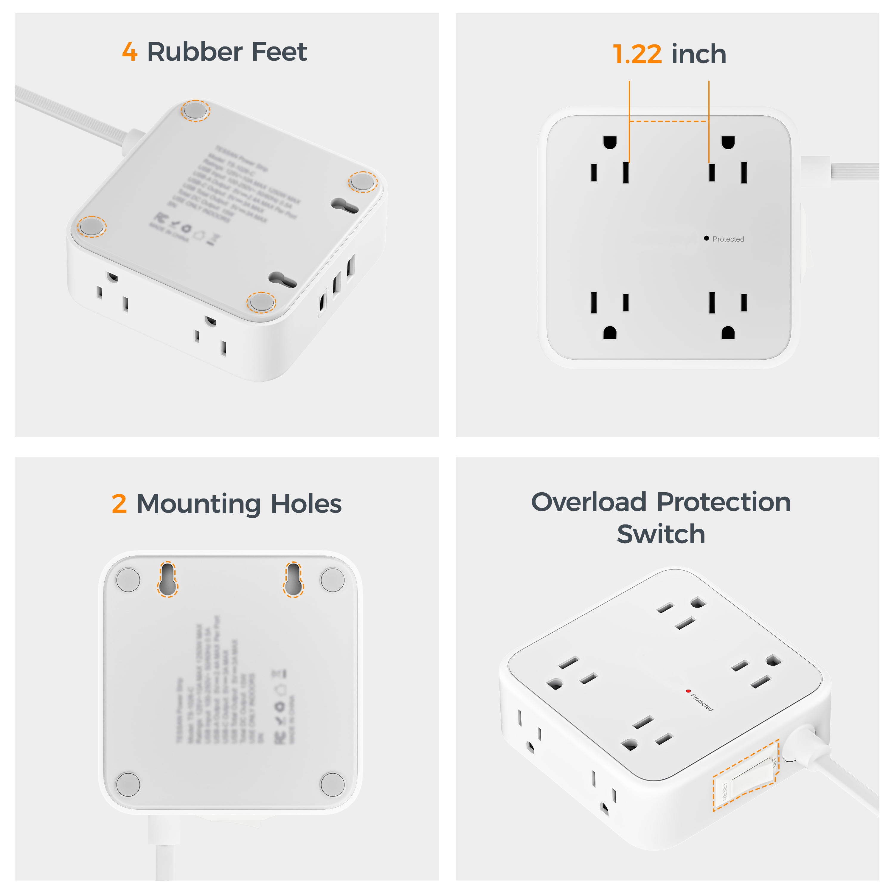 5ft Flat Plug Extension Cord, 8-Outlet Surge Protector Power Strip, 3 USB Ports (1 USB C), Wall Mountable, Gray