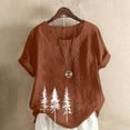 thumbnail image 2 of Cmfcve Women's Plus Size Tee Shirt Short Sleeve Round Neck Cotton Linen Gauze Tops Spruce Printed Henley Button Blouse, 2 of 5