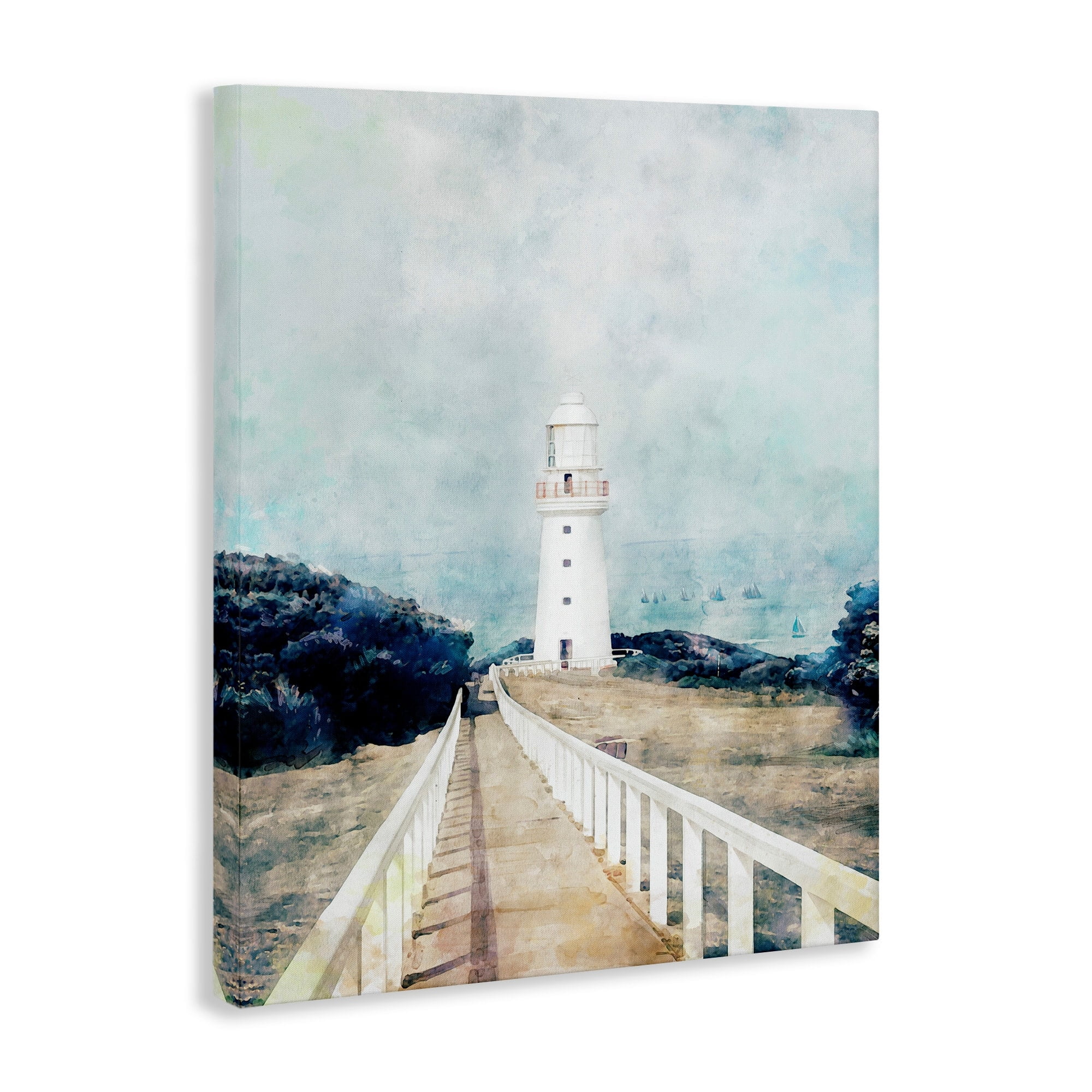 Stupell Industries White Lighthouse Boardwalk Rocky Cliff Coastal Landscape Water, 24 x 30,Design by Ziwei Li