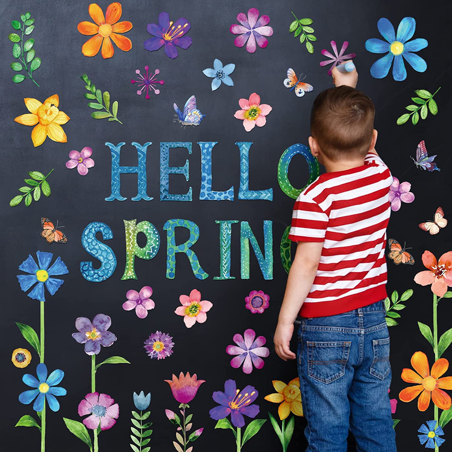 Whaline 46Pcs Hello Spring Cut-Outs Spring Flower Cut Outs with 100Pcs Glue Points Colorful Paper Patterned Cut-Outs Bulletin Board Decoration for School Classroom Game Party Supplies 