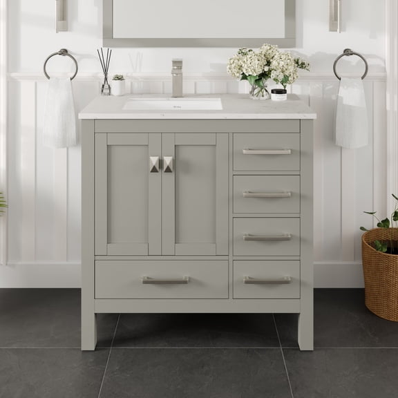 Eviva London 38 in. Transitional Gray Bathroom Vanity with White Carrara Quartz Countertop