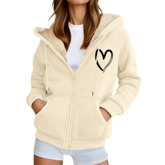 Hoodie Jacket for Women, Yigetop Womens Fleece Lined Zip Up Hoodie Thermal Warm Pullover Sweatshirts Love Heart Print Sweaters Cute Tops Fleece Jacket Women Beige L