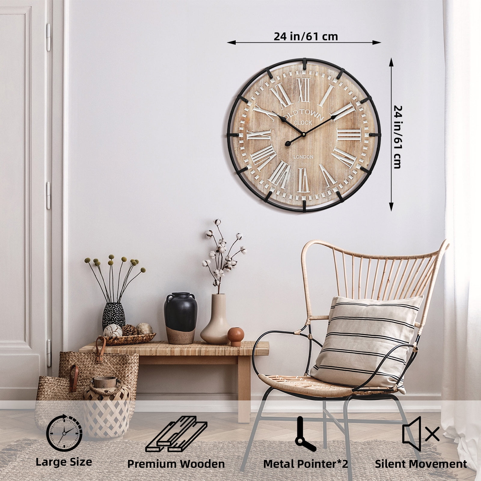 MODE HOME 24 inch Farmhouse Rustic Wall Clock, Silent Battery Operated with Metal Circle and Engraved Numerals