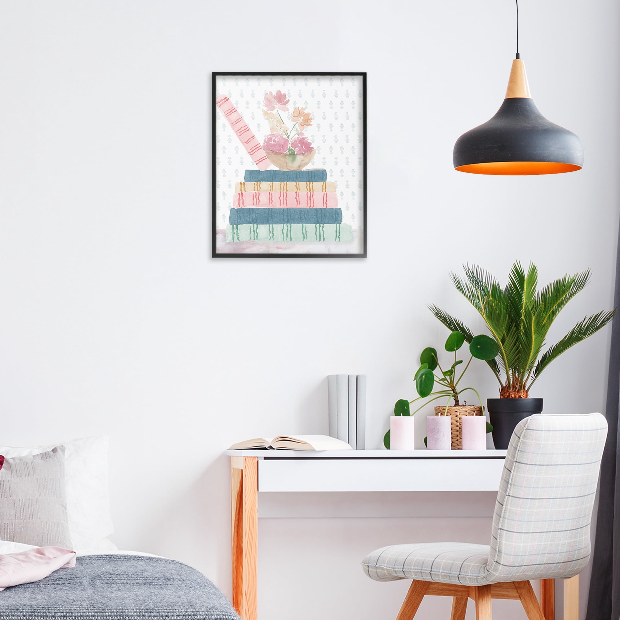 Stupell Industries Pastel Flowers And Books Black Framed Giclee Art, design by Lucille Price