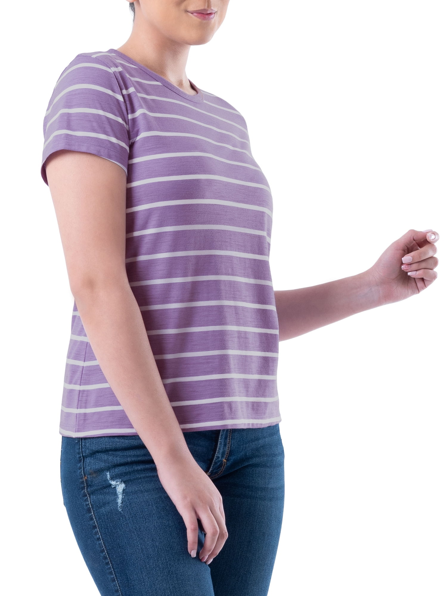 Time and Tru Womens Striped Short Sleeve Slub Crew Neck T-Shirt, 2-Pack