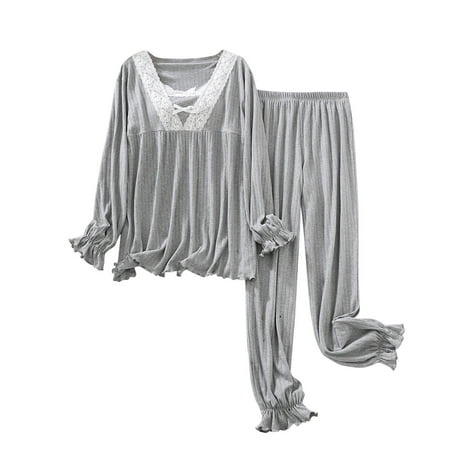 XuJwPNcy Womens Sleepwear 2 Piece Pajama Sets Long Lantern Sleeve Lace V Neck Built in Bra Tops Elastic Waist Soft Pants