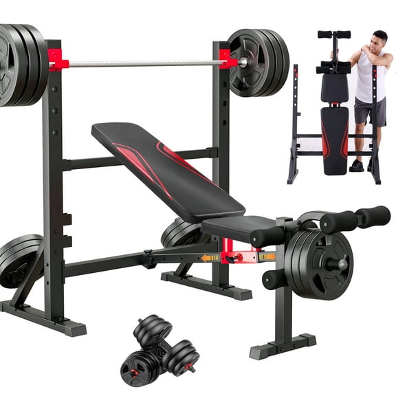 VIBESPARK 900LBS Weight Bench Set, Multi-Purpose Foldable Workout Bench with Squat Rack Leg Extension & Leg Curl, Adjustable Back/Seat/Barbell Rack Bench Press for Home Gym Strength Training