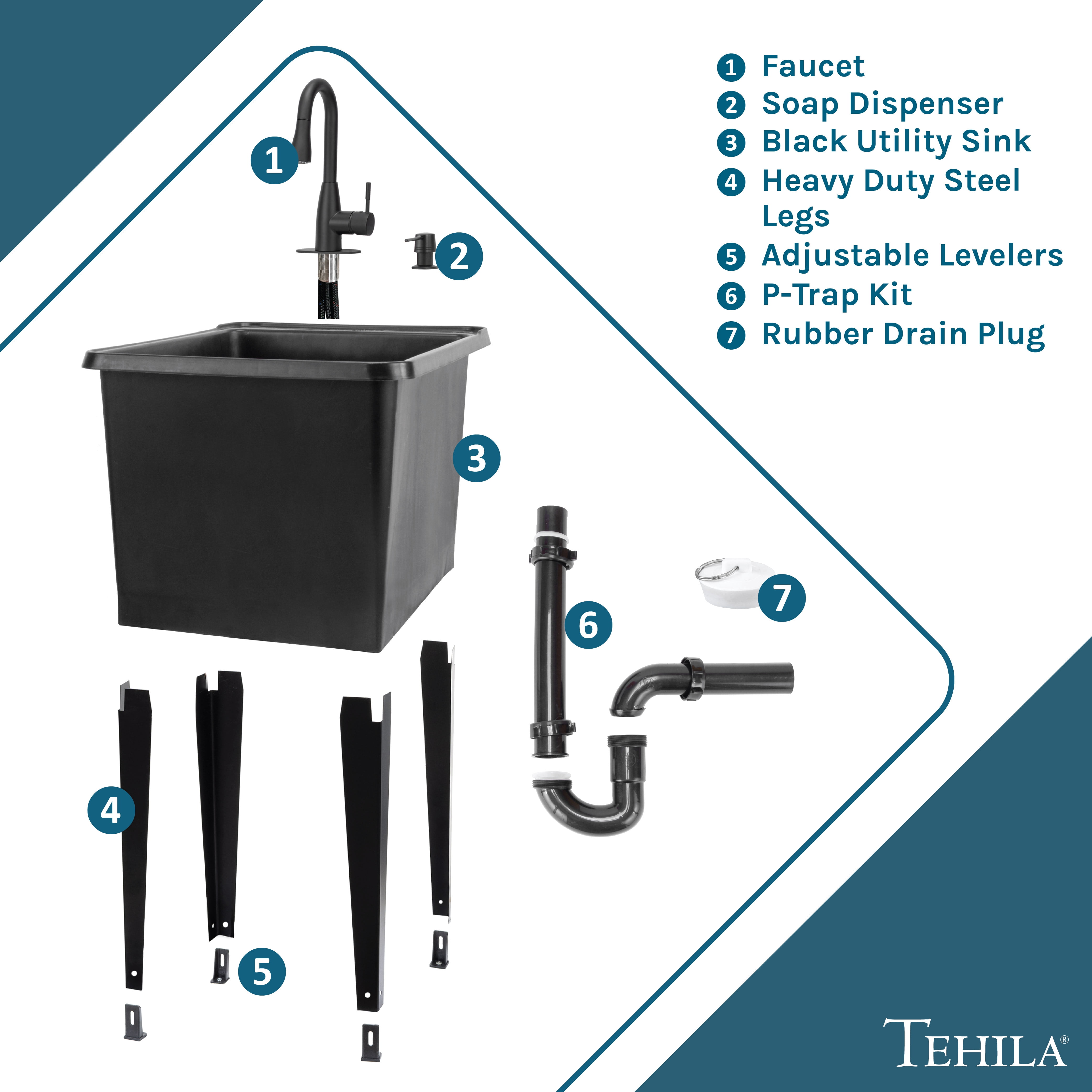 TEHILA Space Saver 16 Gallon Black Utility Sink with Black Pull-Down Faucet with Pause Mode