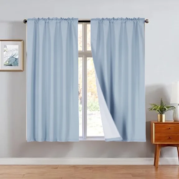 R64 2 piece solid insulated foam backing lined thermal blackout window curtain panel treatment drape rod pocket top matte smooth in different sizes 63" slate blue