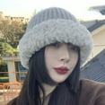 thumbnail image 3 of Autumn Winter Beanie Hat Knitting Plush Contrast Color Warm Stretchy Bucket Hat for Outdoor, 3 of 10
