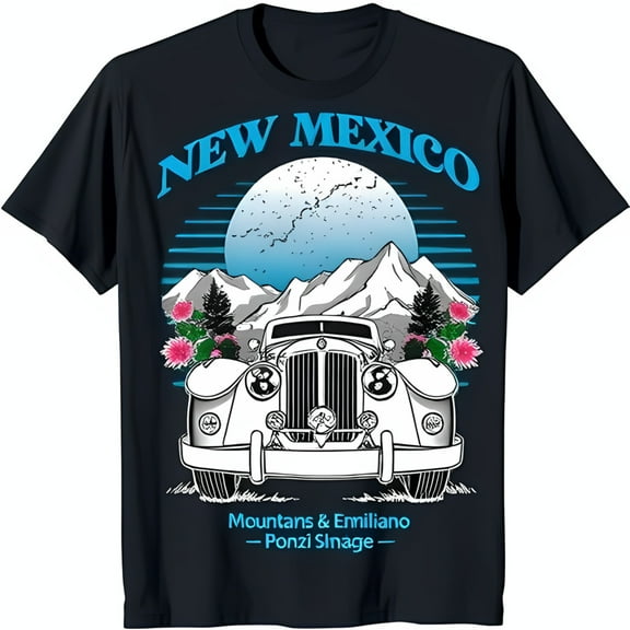 New Mexico Graphic Black T-Shirt with Classic Car & Mountains