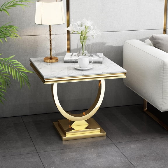 Maotifeys Modern Luxury Faux Marble End Table with Polished Gold Stainless Steel Base Square White Marble Side Table Elegant Small Bedside Table for Living Room Bedroom Office(White Gold)