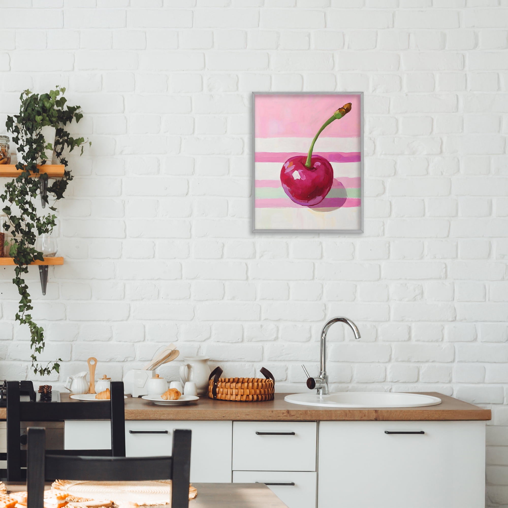Stupell Industries Cherry on Pink Stripes Gray Framed Giclee Art, design by The Prints Vibe