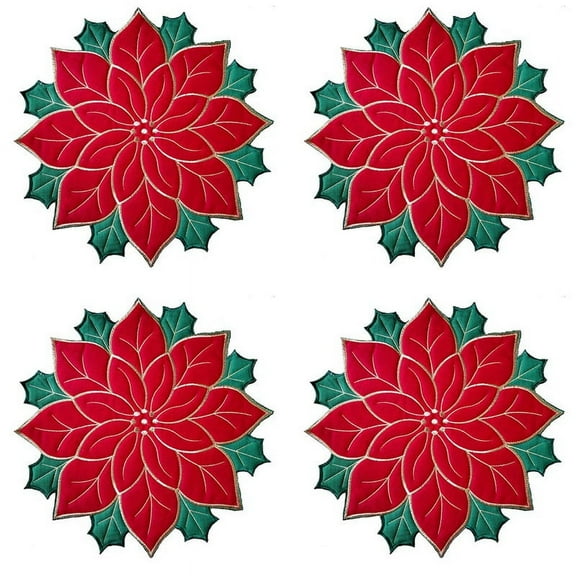 Holiday Christmas Embroidered Placemats Applique Poinsettia Placemats Christmas Flower Placemat for Table