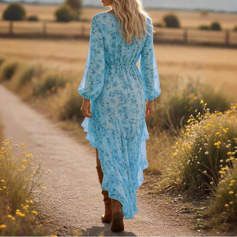 long sleeve summer floral chiffon dress Women Chiffon Floral Dress Flare Sleeve V-neck Ruffle Tie Waist Summer Beach