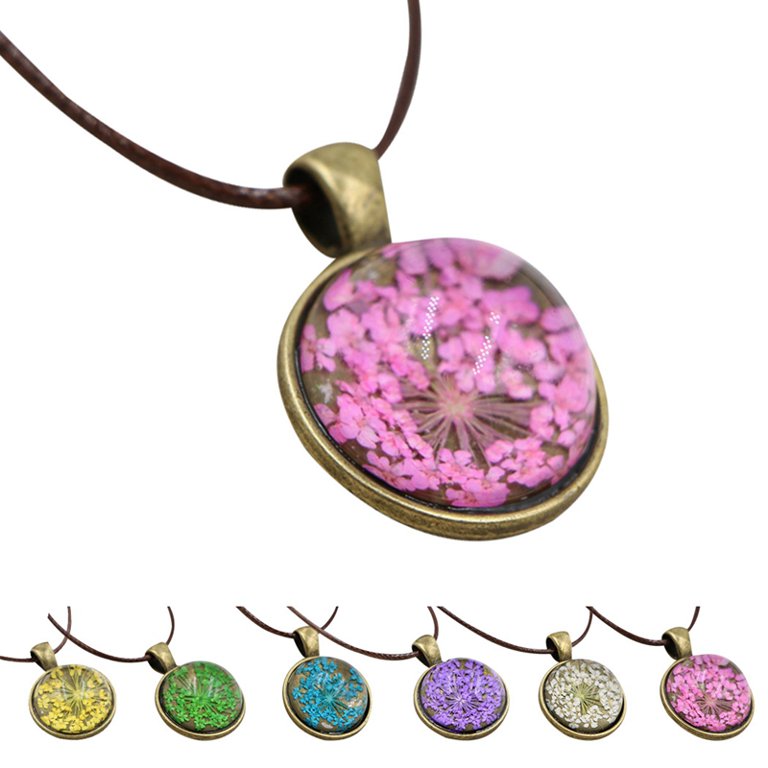 Coxeer Dried Flower Necklace Natural Pressed Flower Necklace Round Pendant Necklace, Kids Unisex, Size: Free size, Pink