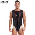 thumbnail image 2 of Body de charol para hombre, lencería de una pieza con aspecto húmedo, ropa para discoteca Rave, traje de leotardo con entrepierna abotonada de malla, monos ajustados, 2 of 5