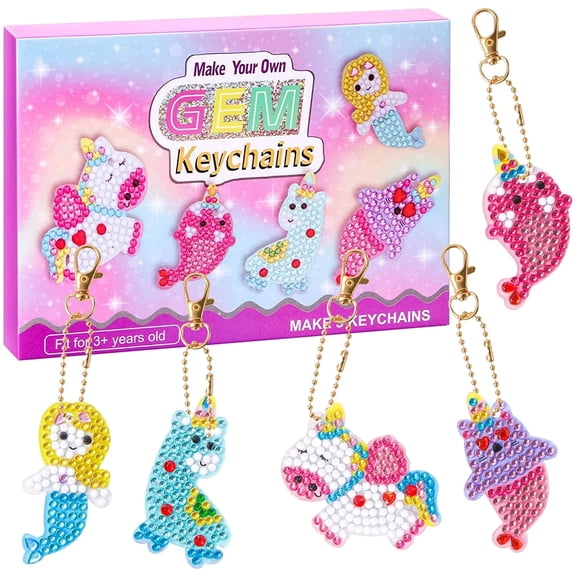 5Pcs Gem Diamond Art Kits with Key Chains,Mermaid Diamond Painting Kits for Kids Art and Crafts Set
