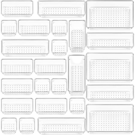 25 PCS Clear Plastic Drawer Organizers Set  4-Size Versatile Bathroom and Vanity Drawer Organizer Trays  Storage Bins for Makeup  Jewelries  Kitchen Utensils and Office