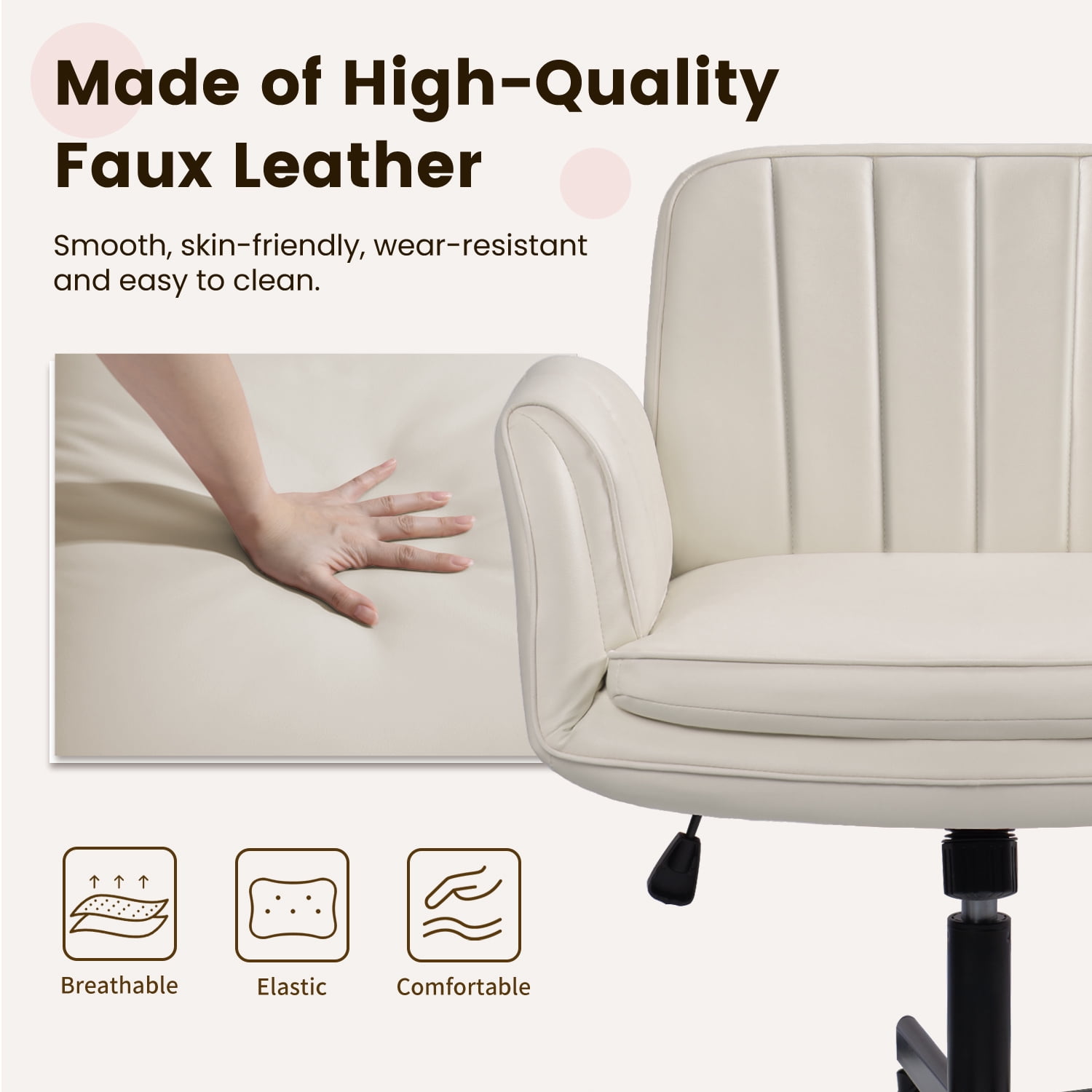 Waleaf Criss Cross Chair with Wheels & Armrests, Criss Cross Office Swivel Chair, PU Leather Vanity Chair with Back, Beige Comfortable Adjustable Vanity Desk Chairs for Home Office and Bedroom