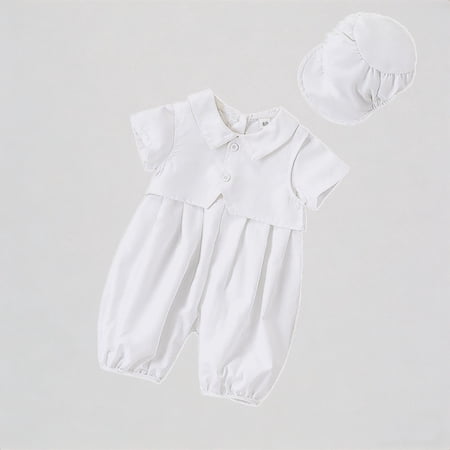 Daznico Baby Boys 2-Piece Romper & Hat Set White Flutter Collar Short Sleeve Elastic Soft Breathable for Baptism 3-6 Months