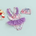 thumbnail image 2 of CNKOO Kids Girls Swimsuit Backless Printed Mesh Ruffled One-Piece Bathing Suit with Hat, 2 of 8
