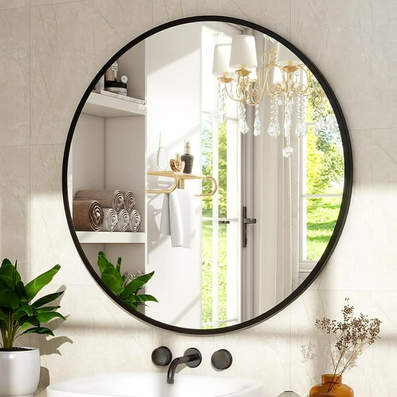30 Inch Round Mirror - Modern Matte Black Wall Decor for Bathroom, Entryway & Living Room