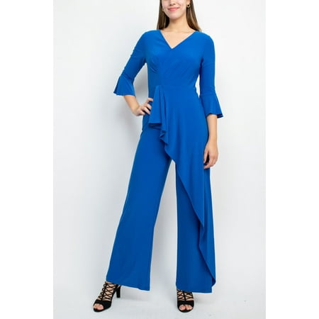Adrianna Papell V-Neck Bell Cuff Sleeve Draped Front zipper Back Solid Jumpsuit-MARINE / 10
