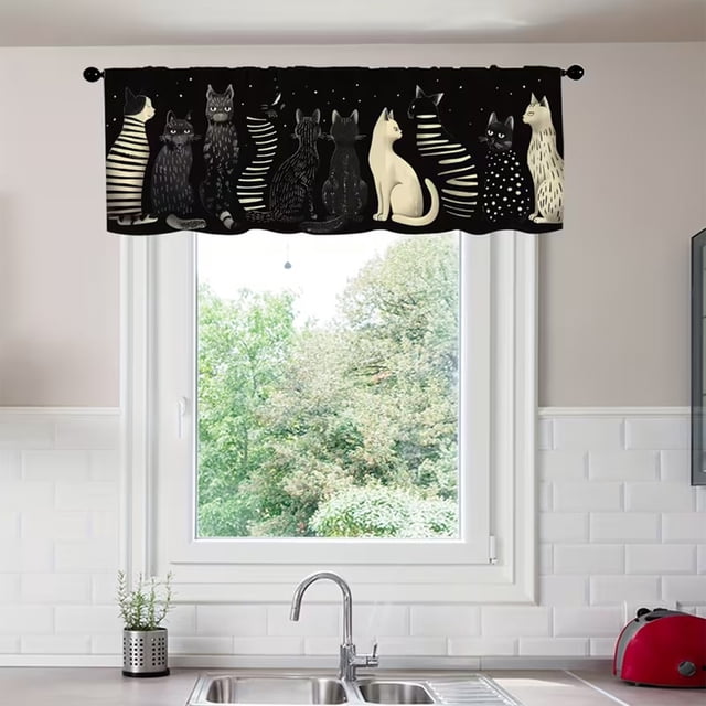 Cortinas de poliéster con divertidos gatos negros para ventanas y cortinas de dibujos animados para puertas y cafeterías, resistentes a la suciedad, para fregaderos y armarios de cocina, decoración de