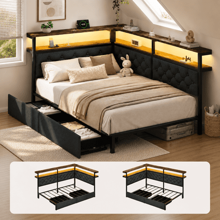Twin Size Corner Bed Frame with Storage Drawers, LED Lights & USB Ports, Upholstered Metal Platform Daybed for Small Apartment Bedroom, Gray