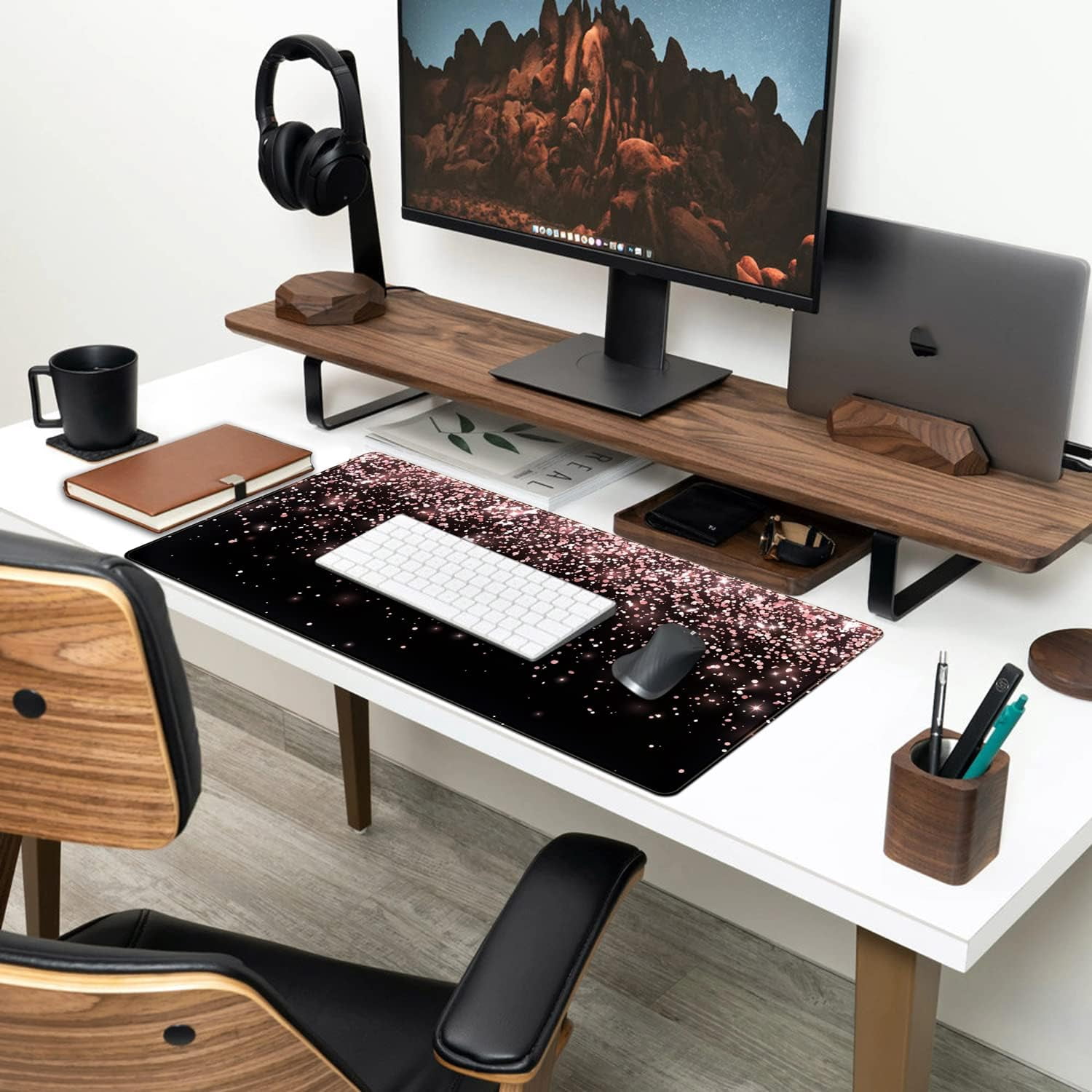 Rose Gold Glitter Black Desk Mat Extended Mouse Pad XXL Office Desk 31.5x15.7 in Accessories for Women Girl Gamer Full Desk Large Gaming XXL Mousepad Laptop Computers Keyboard Office Mouse Mat