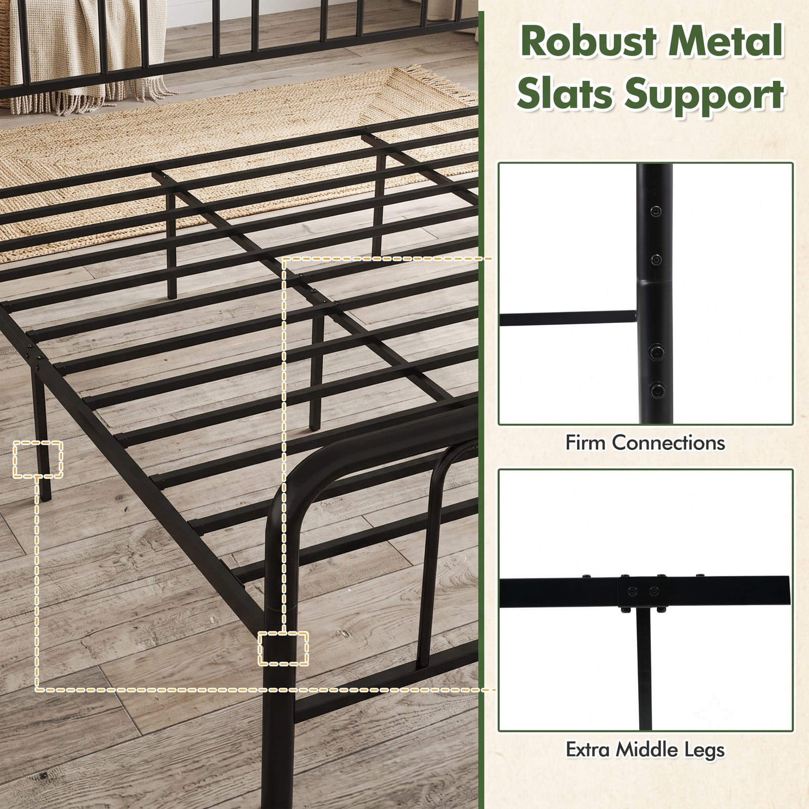 Furnibear King Size Bed Frame with Storage, Metal Platform Bed with Arched Headboard and Footboard, No Box Spring Needed, Black