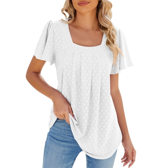 OSOLU Solid Color Women Fashion Casual Tops Square Neck T-Shirt Tee Tops Summer Short Sleeve Casual Loose Tops Holiday Dailywear