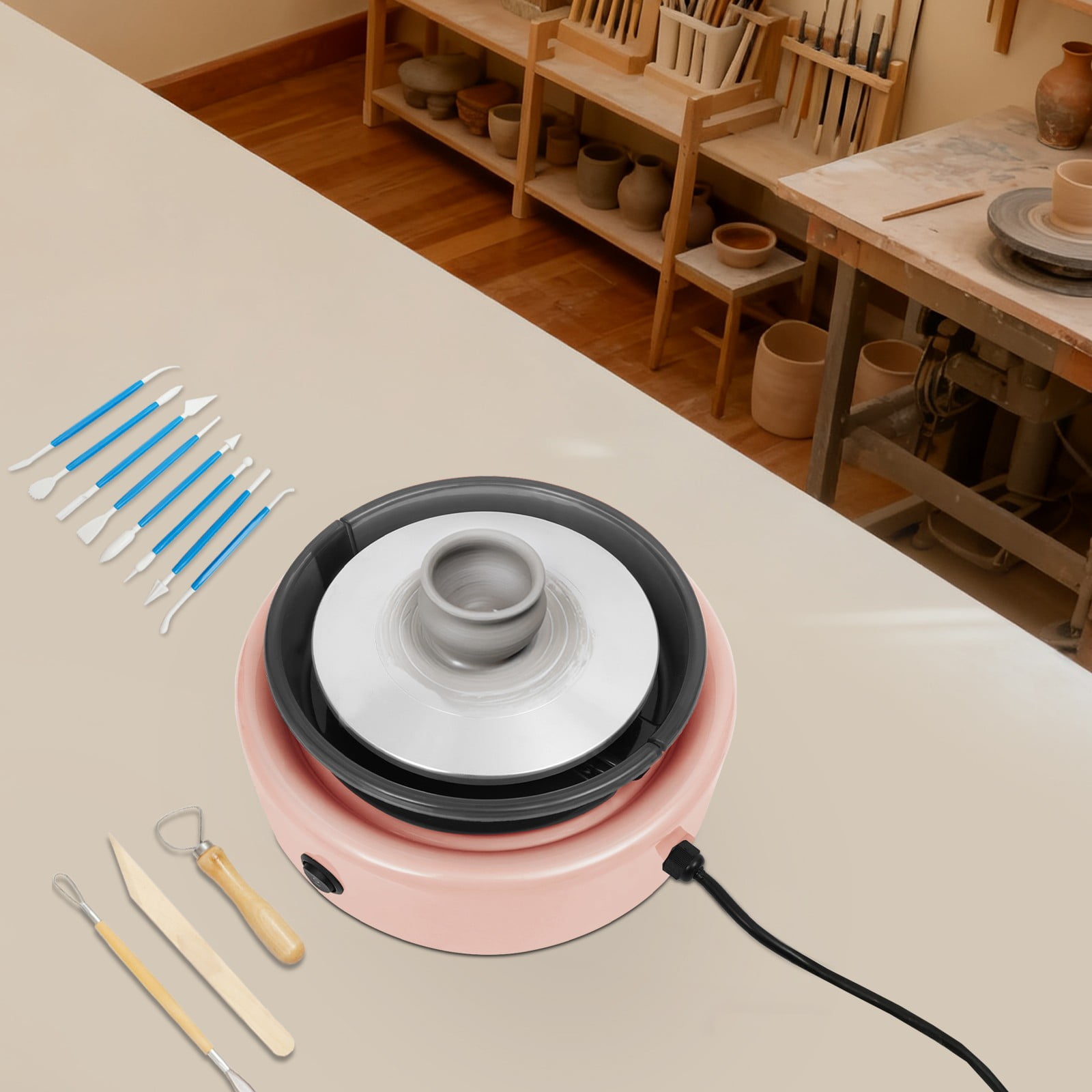 Ceramic Drawing Machine, Adjustable Speed Pottery Wheel with Foot Pedal and Direction Switch, Pink Electric Ceramic Machine for Home Use