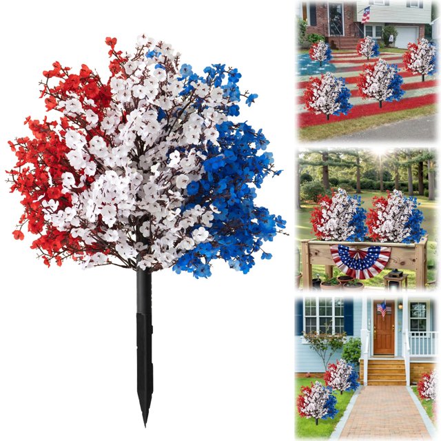 Fleurs de Selle pour Cimetière Memorial Day – Roses Artificielles Rouges Blanches et Bleues avec Drapeaux pour Pierres Tombales, Décoration de Tombe Patriotique pour Anciens Combattants, 16 Po