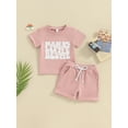 thumbnail image 2 of Bslissey Toddler Baby Girls Summer Clothes Short Sleeve Letter Print T-shirt with Elastic Waist Solid Color 2Pcs Outfits Infant Casual Short Pants Sets 6M 12M 18M 24M 3T, 2 of 9