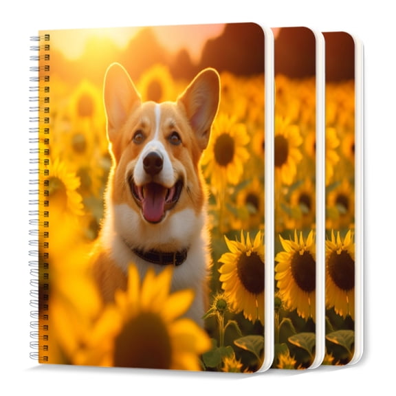 Spiral Journal Notebook,50 Sheets A5 College Ruled Notebook/Journal 3 Pcs for School Office Home - Corgi Smiles in The Sunflower Field And During The Golden Hour
