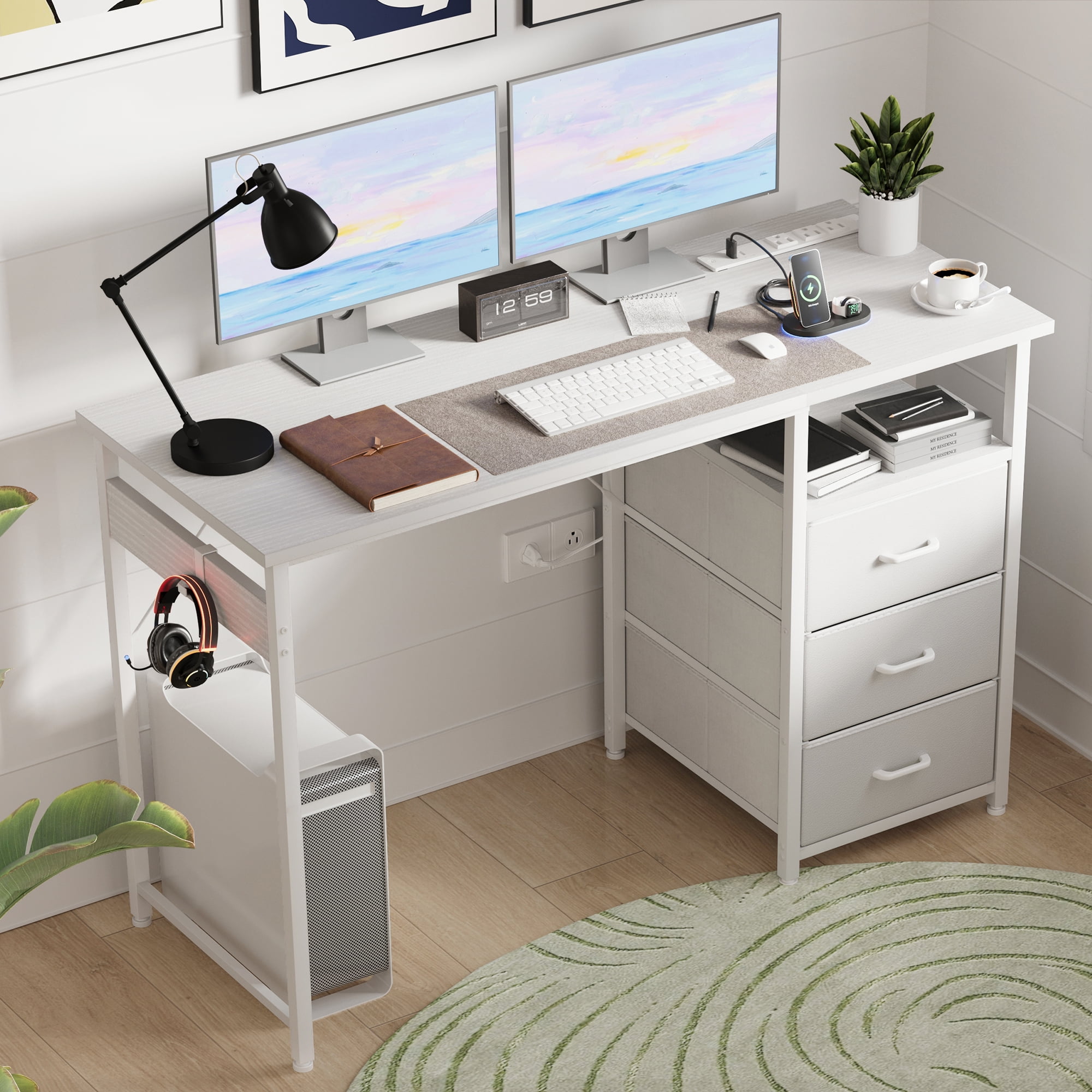 48 inch Computer Desk with Power Outlets, Home Office Desk with 3 Drawers, Writing Desk, Vanity Desk for bedroom, White